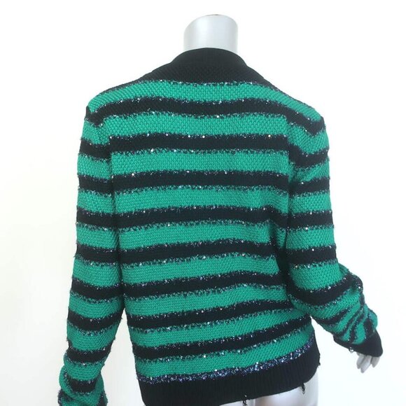 Balmain Sequin-Embellished Striped Distressed Knit Cardigan Green/Black Size 42 - Picture 7 of 9